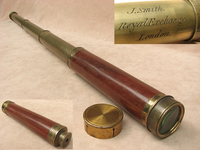 Late 18th century 3 draw marine pocket telescope with segmented draw tube, signed Dollond London. Inset shows case missing a piece of card sleeve